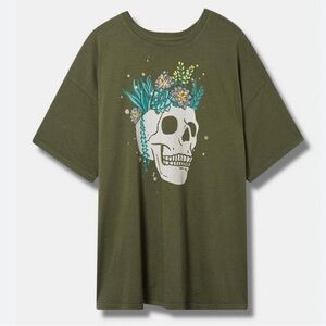 Torrid Olive Green Succulent Skull Oversized Jersey Graphic Tee Size 1